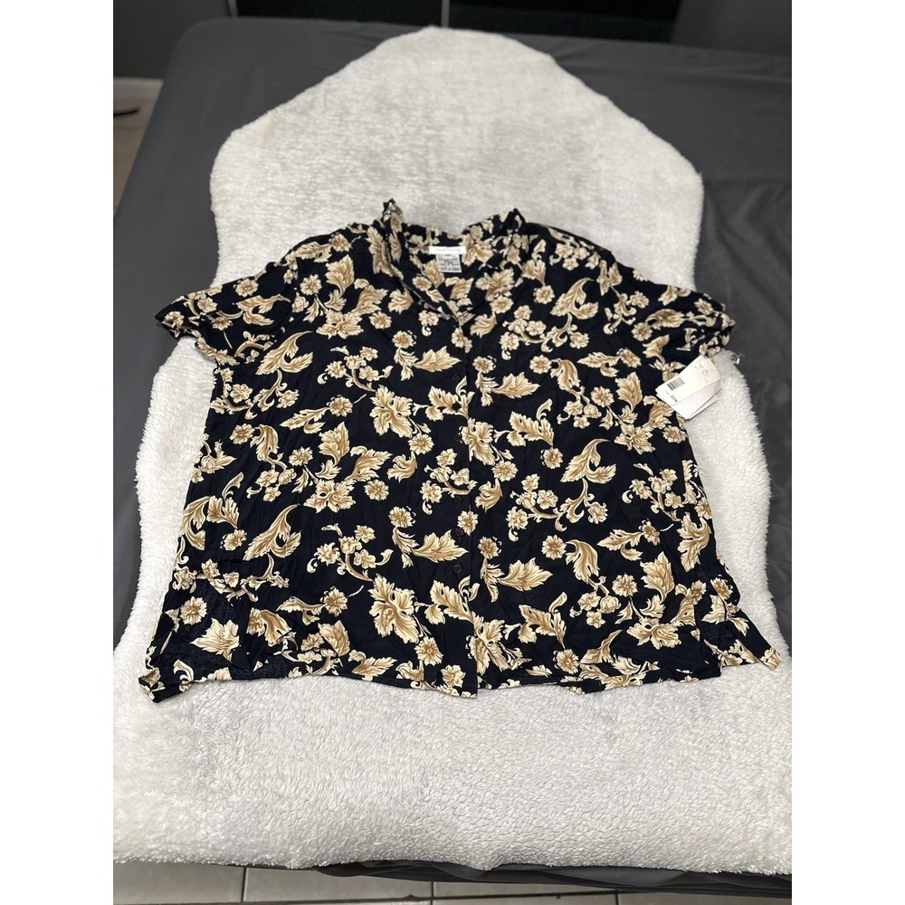 New Evan Picone Women's Black Button Down Floral‎ Shirt Size 22W Rayon Top